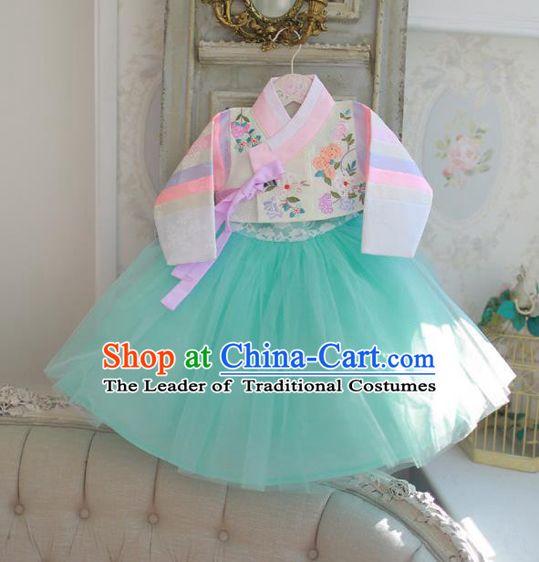 Korean National Handmade Formal Occasions Girls Hanbok Costume Embroidered White Blouse and Green Veil Dress for Kids