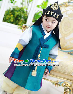 Asian Korean National Traditional Handmade Formal Occasions Boys Embroidery Green Vest Hanbok Costume Complete Set for Kids