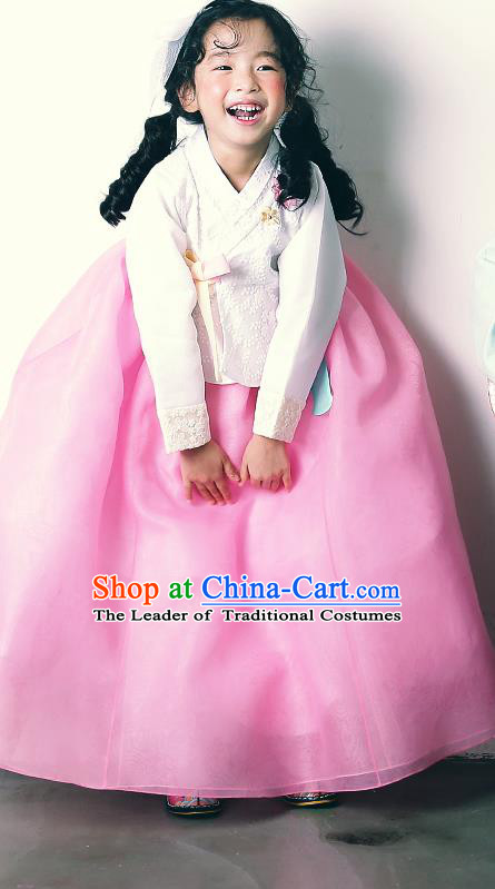 Asian Korean National Handmade Formal Occasions Wedding Girls Clothing Embroidered White Blouse and Pink Dress Palace Hanbok Costume for Kids