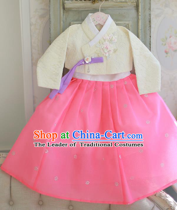 Korean National Handmade Formal Occasions Bride Clothing Hanbok Costume Embroidered White Blouse and Pink Dress for Kids