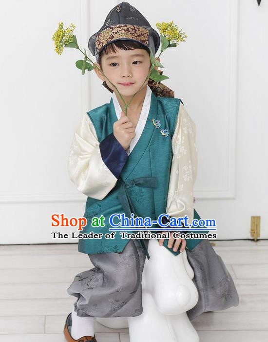 Asian Korean National Traditional Handmade Formal Occasions Boys Embroidery Green Vest Hanbok Costume Complete Set for Kids