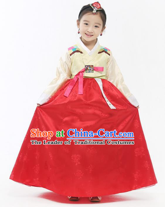 Asian Korean National Handmade Formal Occasions Wedding Girls Clothing Embroidered Yellow Blouse and Red Dress Palace Hanbok Costume for Kids