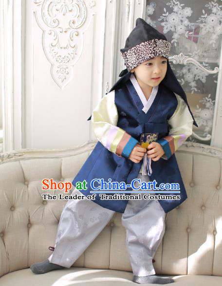 Asian Korean National Traditional Handmade Formal Occasions Boys Embroidery Navy Vest Hanbok Costume Complete Set for Kids