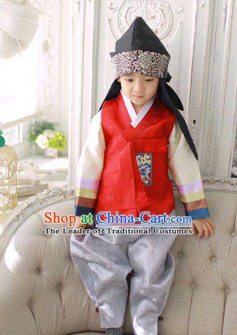 Asian Korean National Traditional Handmade Formal Occasions Boys Embroidery Red Vest Hanbok Costume Complete Set for Kids