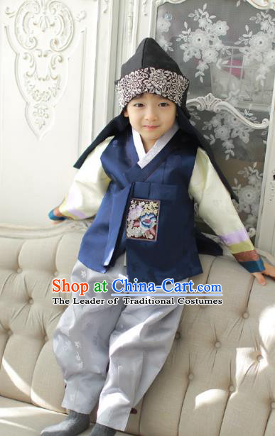 Asian Korean National Traditional Handmade Formal Occasions Boys Embroidery Navy Vest Hanbok Costume Complete Set for Kids