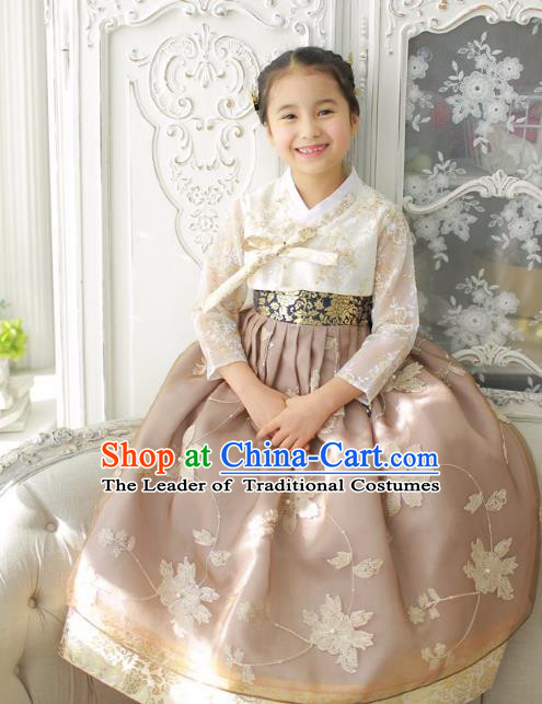 Asian Korean National Handmade Formal Occasions Wedding Girls Clothing Embroidered White Blouse and Wheat Dress Palace Hanbok Costume for Kids