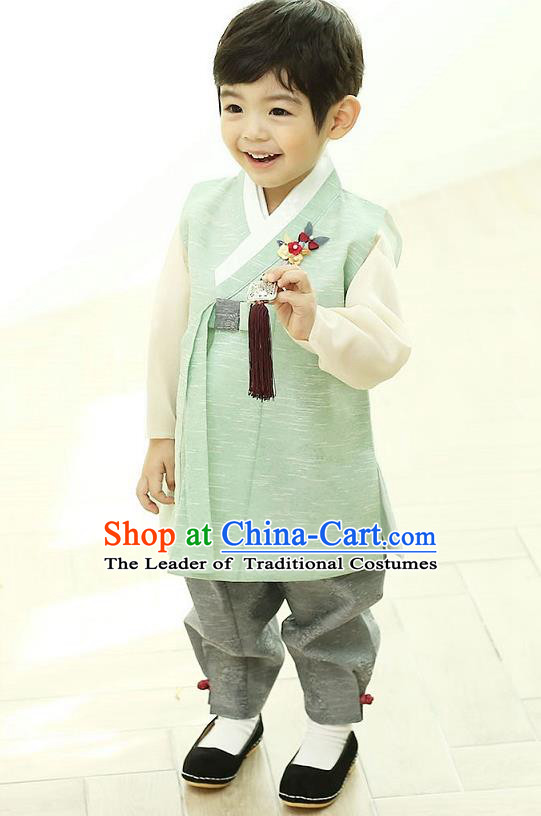 Asian Korean National Traditional Handmade Formal Occasions Boys Embroidery Green Vest Hanbok Costume Complete Set for Kids