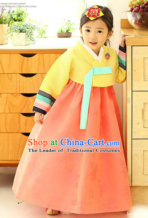 Asian Korean National Handmade Formal Occasions Wedding Girls Clothing Yellow Blouse and Pink Dress Palace Hanbok Costume for Kids