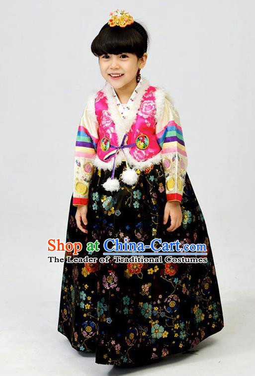 Asian Korean National Handmade Formal Occasions Wedding Girls Clothing Rosy Vest and Black Dress Palace Hanbok Costume for Kids