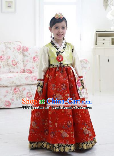 Asian Korean National Handmade Formal Occasions Wedding Girls Clothing Embroidered Green Blouse and Red Dress Palace Hanbok Costume for Kids