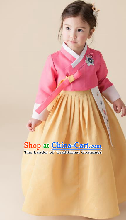 Asian Korean National Handmade Formal Occasions Wedding Girls Clothing Embroidered Pink Blouse and Yellow Dress Palace Hanbok Costume for Kids