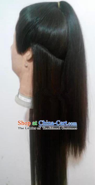 Chinese Ancient Opera Swordsman Young Men Wig, Traditional Chinese Beijing Opera Taoist Priest Wig Sheath for Men