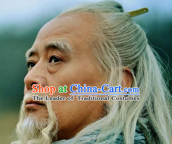 Chinese Ancient Opera Han Dynasty Chancellor White Wig Beard Eyebrows, Traditional Chinese Beijing Opera Old Men Wig Sheath for Men