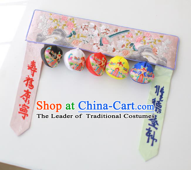 Traditional Korean Accessories Embroidered Birds Flowers Pink Waist Belts, Asian Korean Fashion Waistband Decorations for Kids