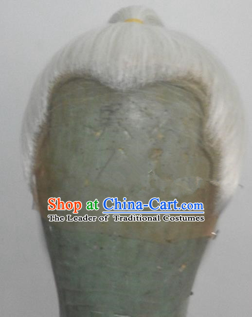 Chinese Ancient Opera Swordsman White Chignon Wig, Traditional Chinese Beijing Opera Taoist Priest Wig Sheath for Men