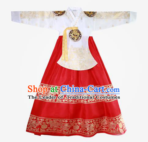 Top Grade Korean National Handmade Wedding Clothing Palace Bride Hanbok Costume Embroidered White Blouse and Red Dress for Women