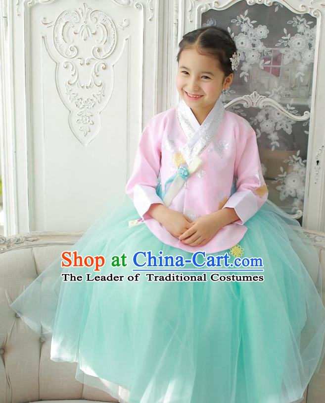 Korean National Handmade Formal Occasions Girls Clothing Palace Hanbok Costume Embroidered Pink Blouse and Green Dress for Kids