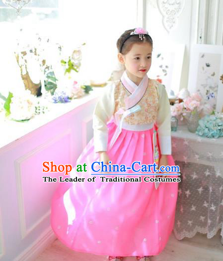 Korean National Handmade Formal Occasions Girls Clothing Palace Hanbok Costume Embroidered Yellow Blouse and Pink Dress for Kids