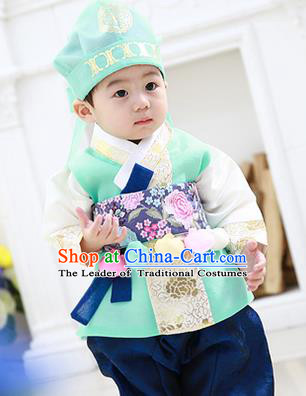 Asian Korean National Traditional Handmade Formal Occasions Boys Embroidery Green Vest Hanbok Costume Complete Set for Kids