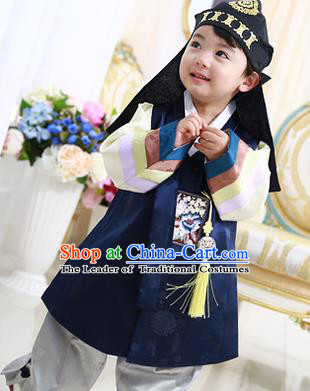 Asian Korean National Traditional Handmade Formal Occasions Boys Embroidery Navy Vest Hanbok Costume Complete Set for Kids