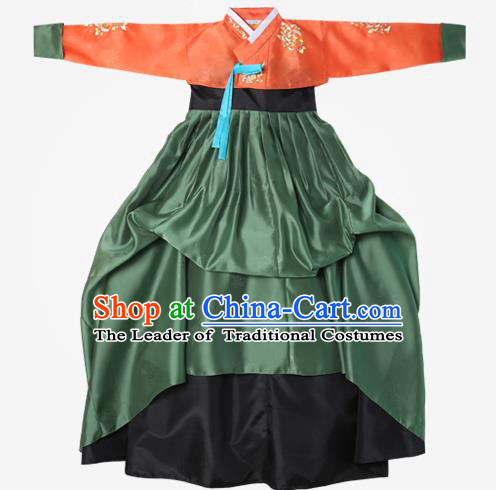 Top Grade Korean National Handmade Wedding Clothing Palace Bride Hanbok Costume Embroidered Orange Blouse and Green Dress for Women