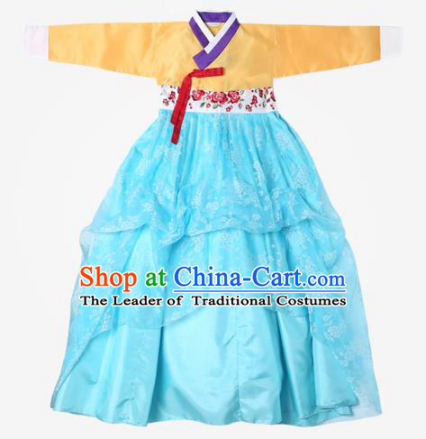 Top Grade Korean National Handmade Wedding Clothing Palace Bride Hanbok Costume Embroidered Yellow Blouse and Blue Dress for Women