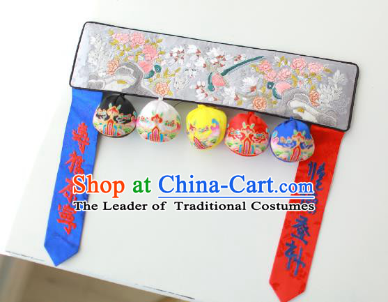 Traditional Korean Accessories Embroidered Birds Flowers Grey Waist Belts, Asian Korean Fashion Waistband Decorations for Kids