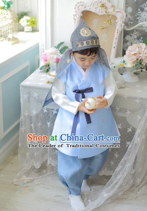 Asian Korean National Traditional Handmade Formal Occasions Boys Embroidery Blue Vest Hanbok Costume Complete Set for Kids