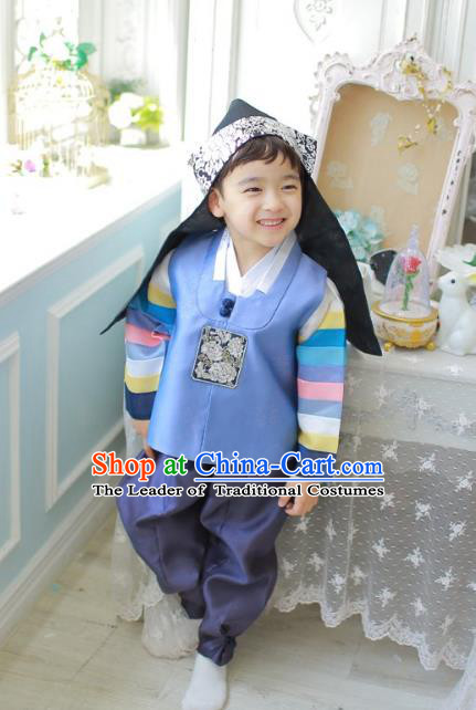 Asian Korean National Traditional Handmade Formal Occasions Boys Embroidery Blue Vest Hanbok Costume Complete Set for Kids