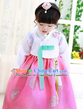 Korean National Handmade Formal Occasions Girls Clothing Palace Hanbok Costume Embroidered White Blouse and Pink Dress for Kids