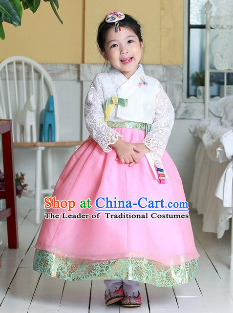 Korean National Handmade Formal Occasions Girls Clothing Palace Hanbok Costume Embroidered White Lace Blouse and Pink Dress for Kids