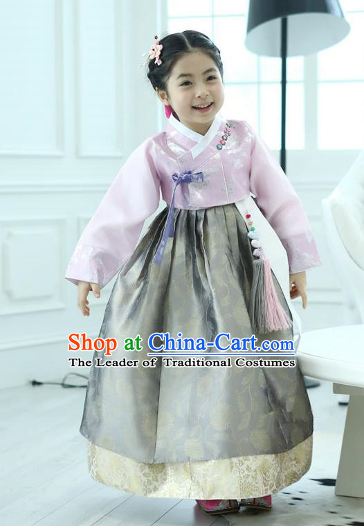 Korean National Handmade Formal Occasions Girls Clothing Palace Hanbok Costume Embroidered Pink Blouse and Grey Dress for Kids