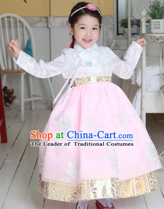 Korean National Handmade Formal Occasions Girls Clothing Palace Hanbok Costume Embroidered White Blouse and Pink Dress for Kids