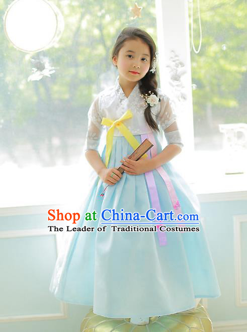 Korean National Handmade Formal Occasions Girls Clothing Palace Hanbok Costume Embroidered White Lace Blouse and Blue Dress for Kids