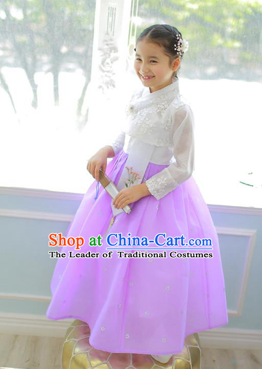 Korean National Handmade Formal Occasions Girls Clothing Palace Hanbok Costume Embroidered White Lace Blouse and Purple Dress for Kids