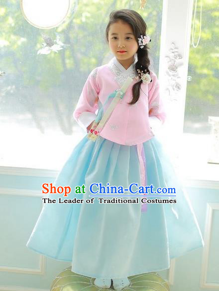 Korean National Handmade Formal Occasions Girls Clothing Palace Hanbok Costume Embroidered Pink Blouse and Blue Dress for Kids