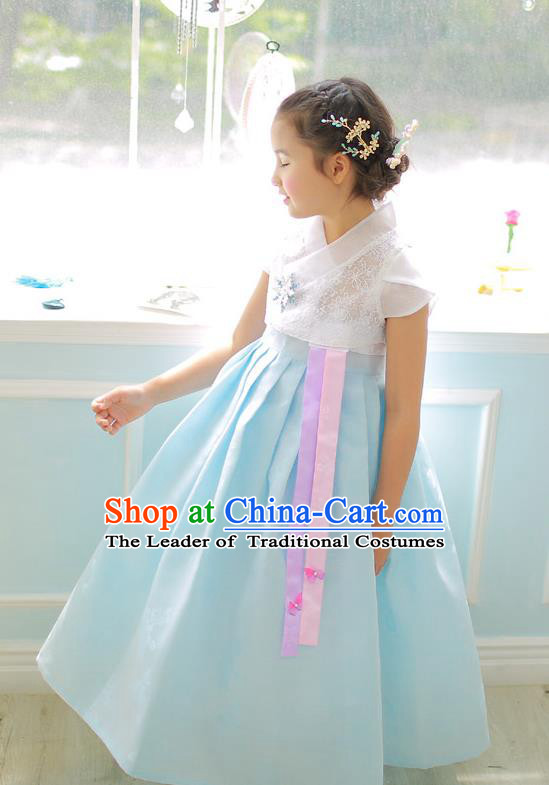Korean National Handmade Formal Occasions Girls Clothing Palace Hanbok Costume Embroidered White Lace Blouse and Blue Dress for Kids