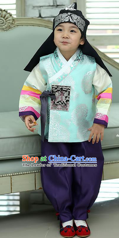 Asian Korean National Traditional Handmade Formal Occasions Boys Embroidery Green Vest Hanbok Costume Complete Set for Kids