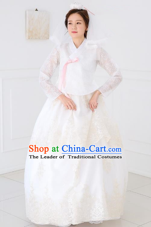 Top Grade Korean National Handmade Wedding Clothing Palace Bride Hanbok Costume Embroidered White Lace Blouse and Dress for Women