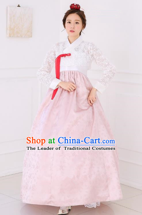 Top Grade Korean National Handmade Wedding Clothing Palace Bride Hanbok Costume Embroidered White Lace Blouse and Pink Dress for Women