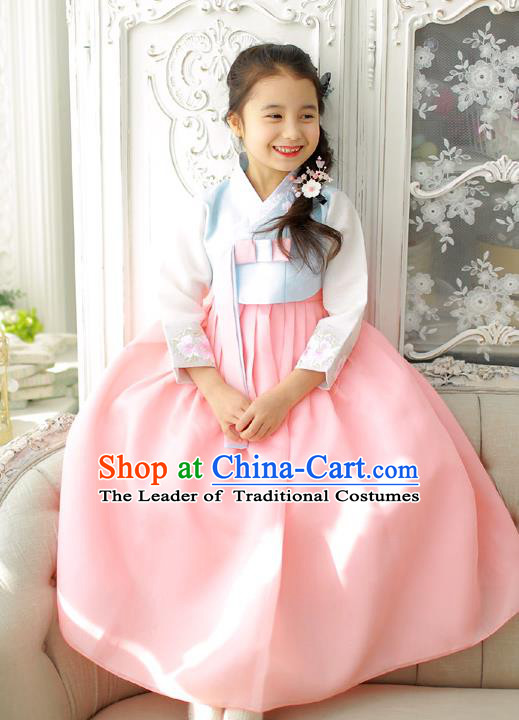 Korean National Handmade Formal Occasions Girls Clothing Palace Hanbok Costume Embroidered Blue Blouse and Pink Dress for Kids