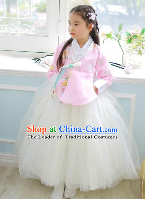 Korean National Handmade Formal Occasions Girls Clothing Palace Hanbok Costume Embroidered Pink Blouse and White Veil Dress for Kids