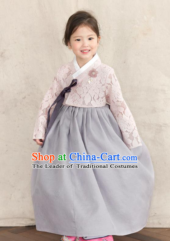 Korean National Handmade Formal Occasions Girls Clothing Palace Hanbok Costume Embroidered Pink Blouse and Grey Dress for Kids