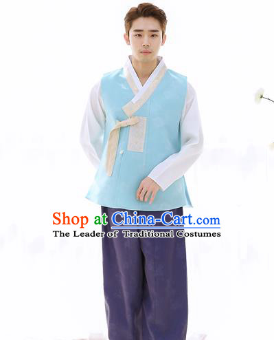 Asian Korean National Traditional Formal Occasions Wedding Bridegroom Embroidery Blue Vest Hanbok Costume Complete Set for Men