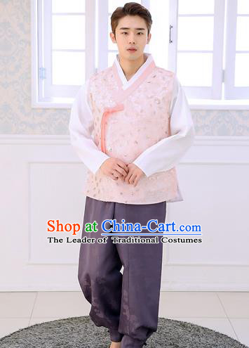 Asian Korean National Traditional Formal Occasions Wedding Bridegroom Embroidery Pink Vest Hanbok Costume Complete Set for Men