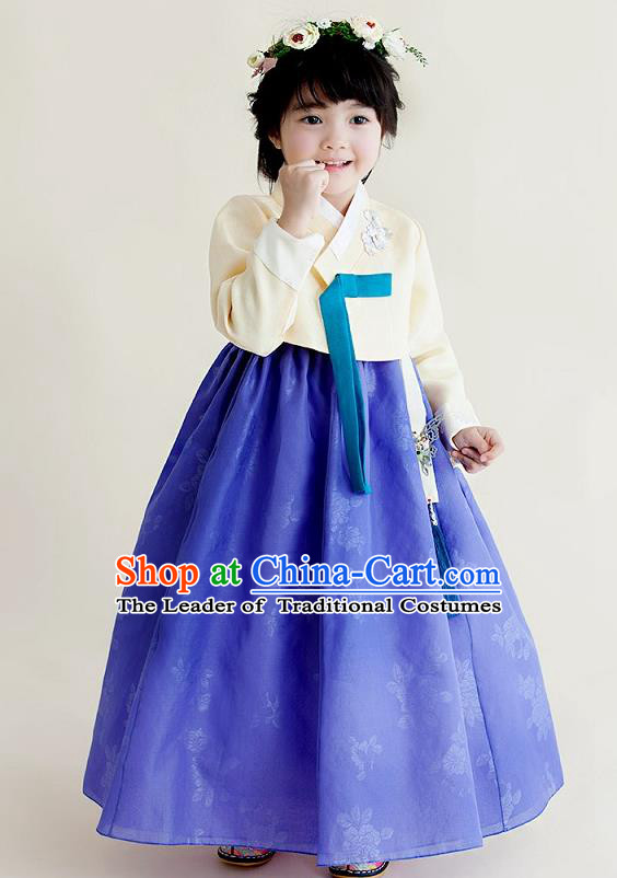 Korean National Handmade Formal Occasions Girls Clothing Palace Hanbok Costume Embroidered Yellow Blouse and Blue Dress for Kids