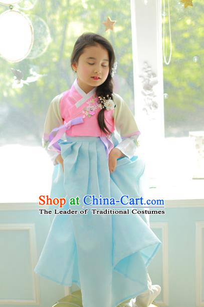 Korean National Handmade Formal Occasions Girls Clothing Palace Hanbok Costume Embroidered Pink Blouse and Blue Dress for Kids