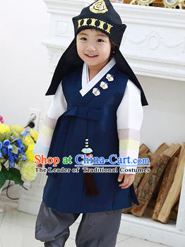 Asian Korean National Traditional Handmade Formal Occasions Boys Embroidery Navy Vest Hanbok Costume Complete Set for Kids