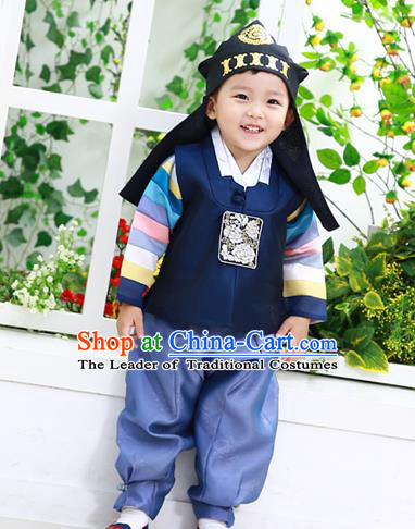 Asian Korean National Traditional Handmade Formal Occasions Boys Embroidery Deep Blue Vest Hanbok Costume Complete Set for Kids