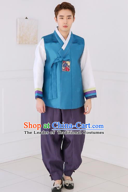 Asian Korean National Traditional Formal Occasions Wedding Bridegroom Embroidery Blue Vest Hanbok Costume Complete Set for Men